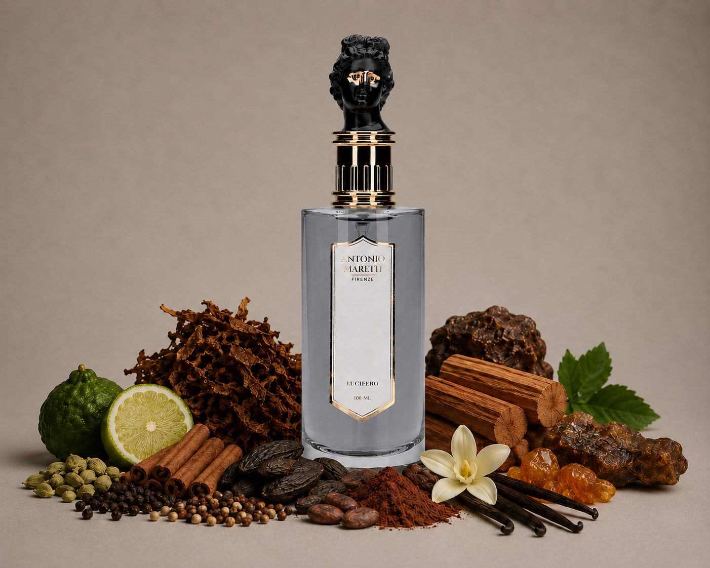Lucifero fragrance with woods, citrus, and spice