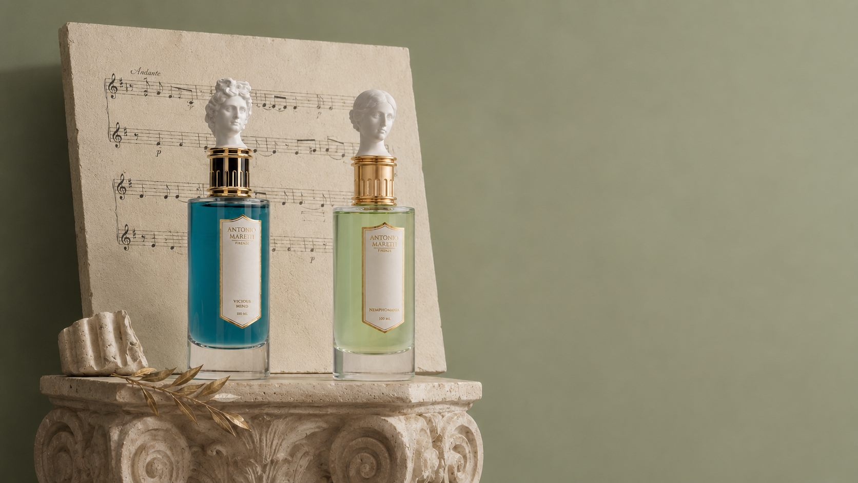 AM fragrance forms arranged across a sculptural composition