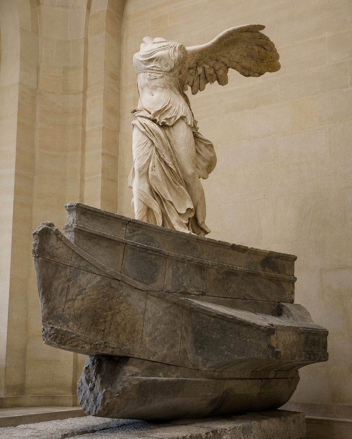 Classical winged sculpture in a museum hall