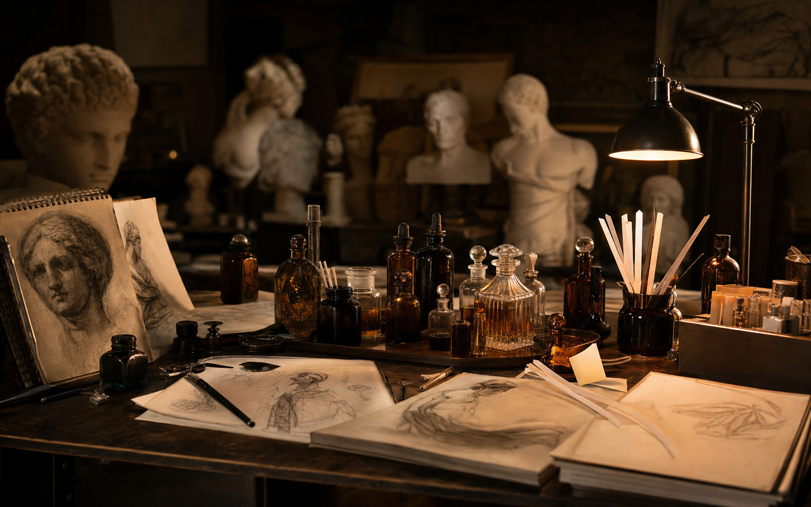 Artist perfumer studio with sketches, sculpture casts, and amber perfume bottles