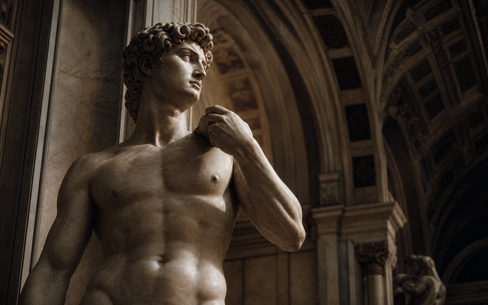David-inspired marble figure in a grand gallery