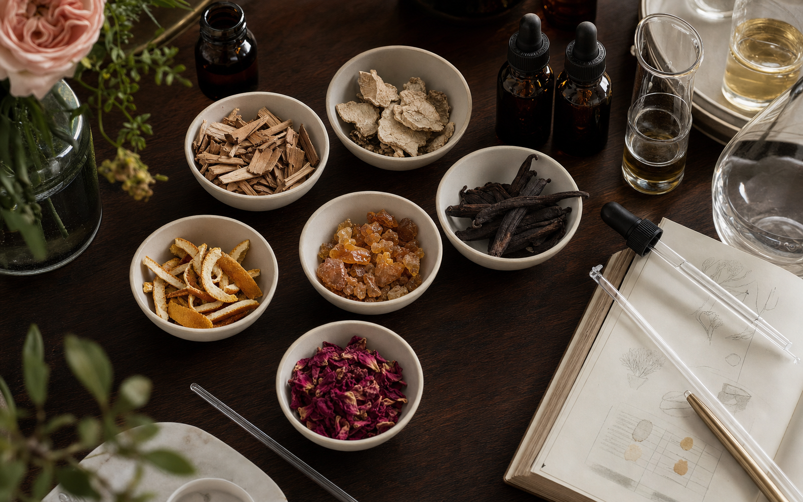 Natural fragrance materials arranged for selection with pipettes and notes