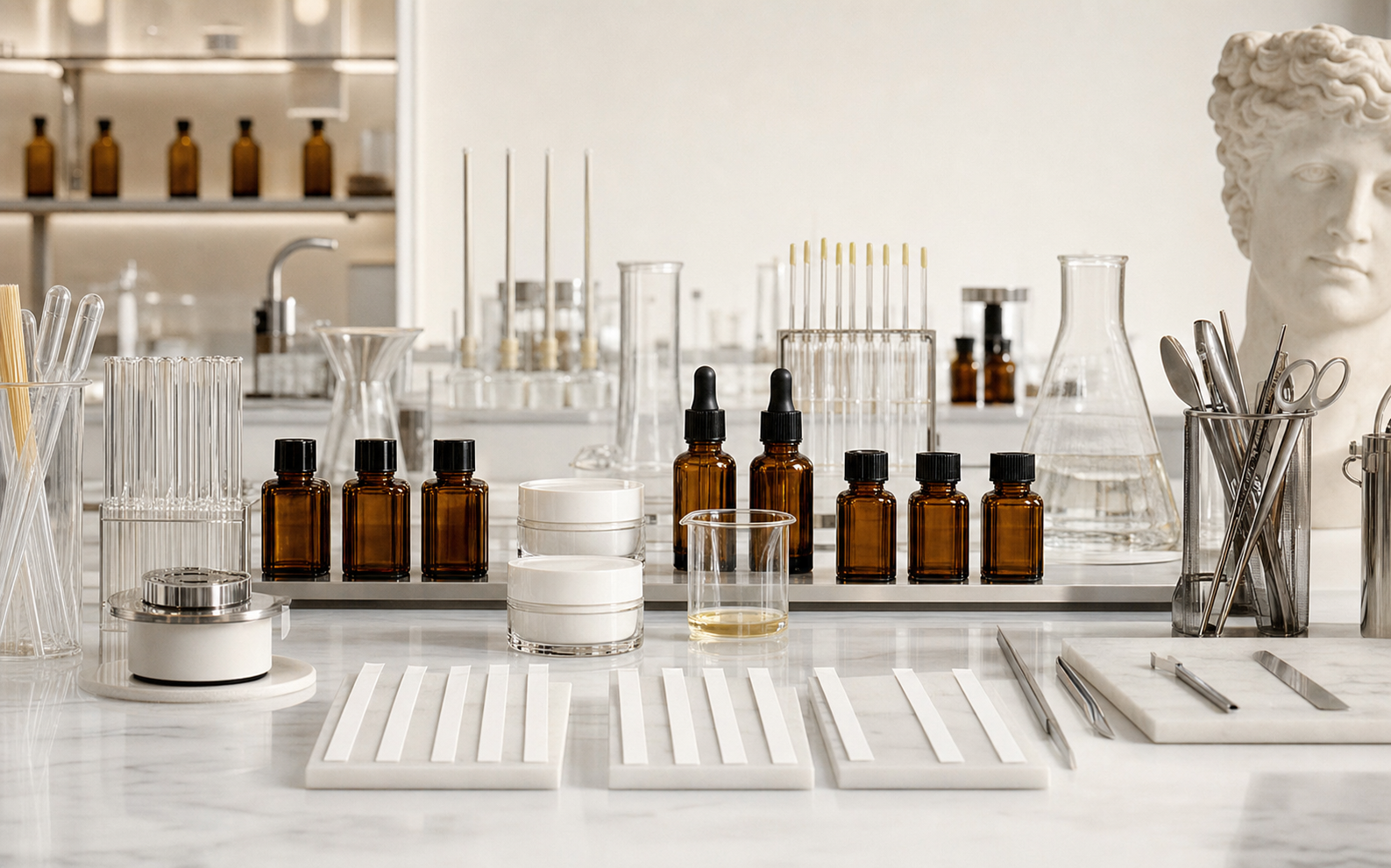 Fragrance and skincare laboratory with bottles, jars, blotters, and tools