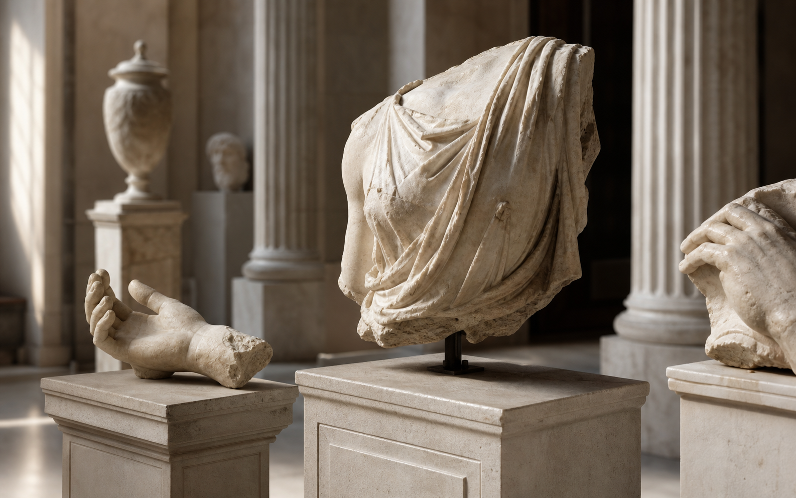Classical marble fragments on museum plinths