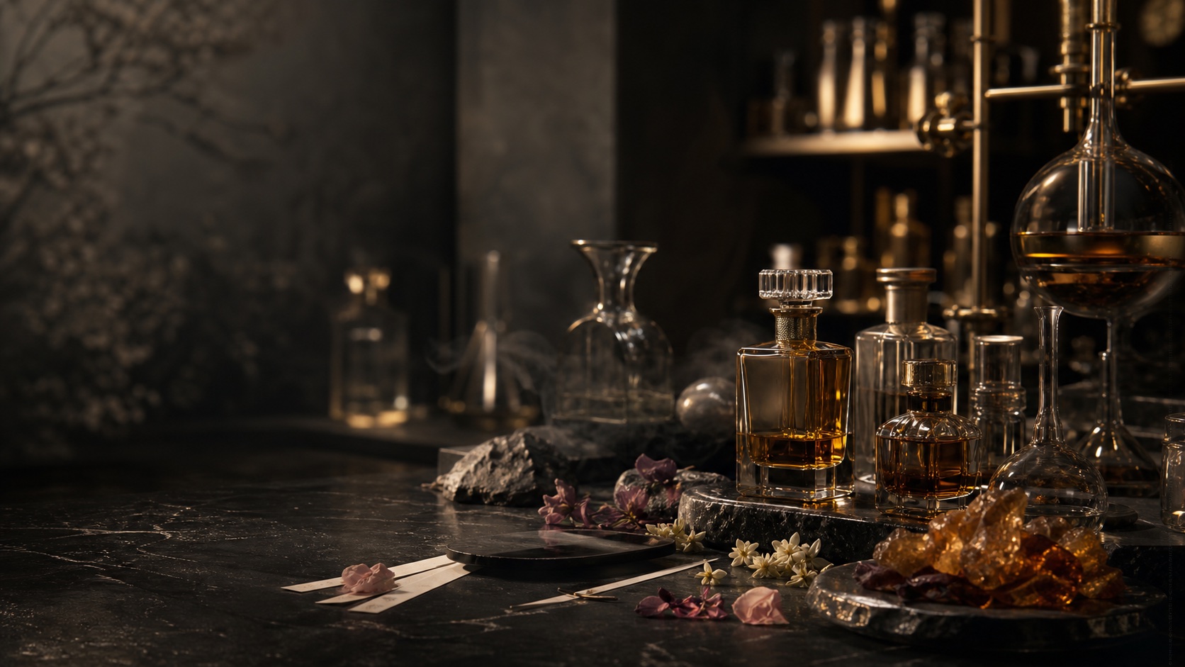Dark fragrance atelier with amber perfume bottles and laboratory glassware
