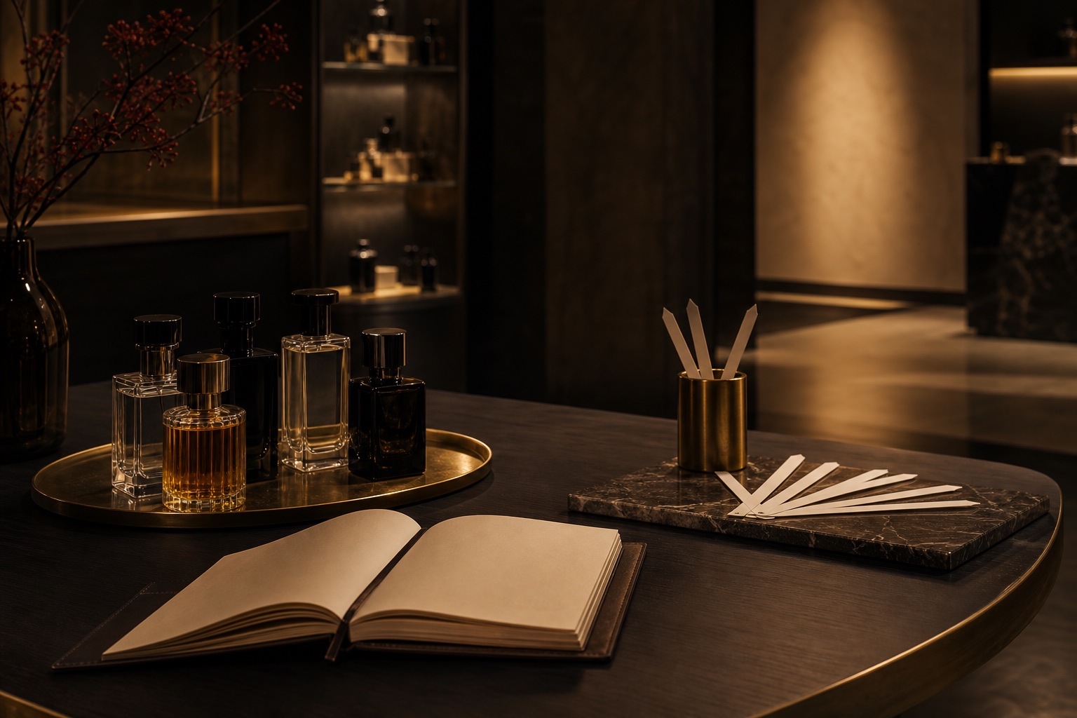 Private fragrance consultation desk with scent blotters and unbranded bottles