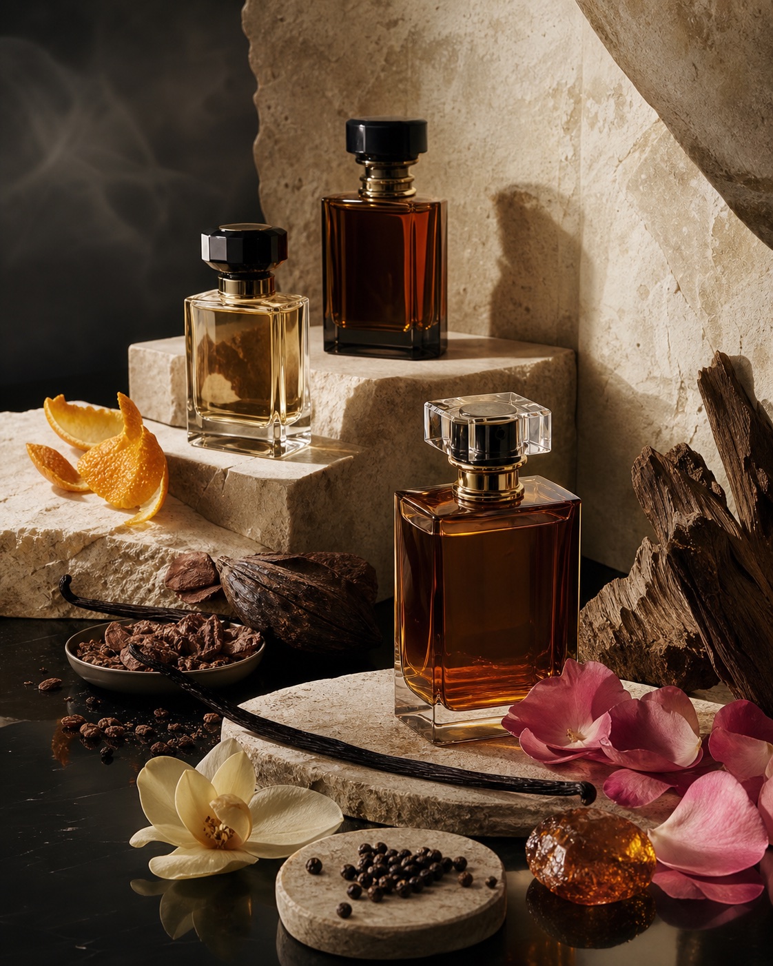 Perfume bottles and warm botanical materials on stone
